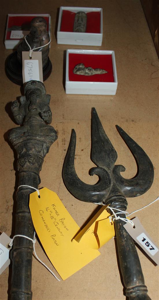Indian bronze commanders baton, a similar trident, three Buddhist amulets and a stone figure of Buddha with a wood stand (7)